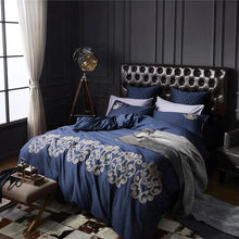Load image into Gallery viewer, Luxury Navy Blue with Tan Embroidery Duvet Cover Set
