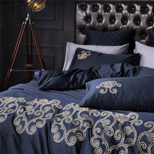 Load image into Gallery viewer, Luxury Navy Blue with Tan Embroidery Duvet Cover Set