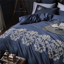 Load image into Gallery viewer, Luxury Navy Blue with Tan Embroidery Duvet Cover Set