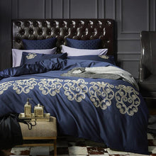 Load image into Gallery viewer, Luxury Navy Blue with Tan Embroidery Duvet Cover Set