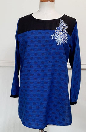 Blue Block Printed Embroidered Top