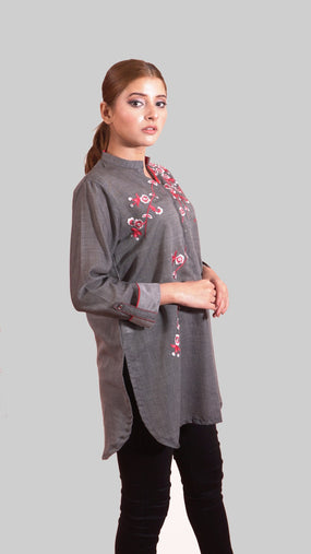 Grey Chambray Floral embroidered top