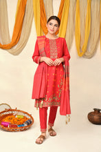 Load image into Gallery viewer, Red Floral Embroidered 3 pc