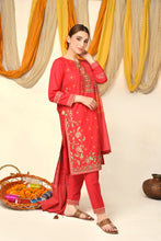 Load image into Gallery viewer, Red Floral Embroidered 3 pc
