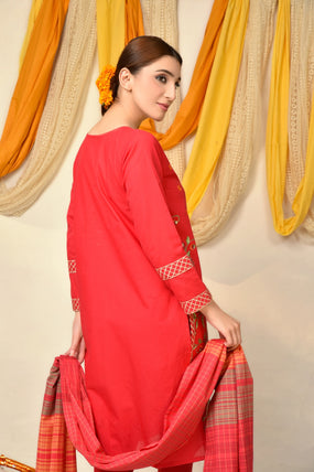 Red Floral Embroidered 3 pc