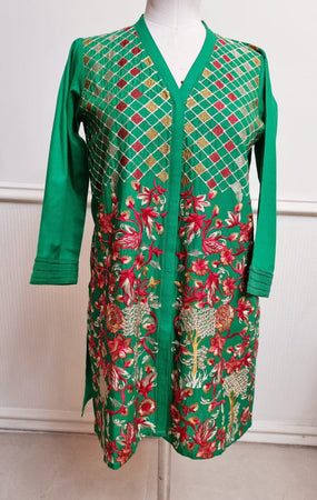 Green Front Open Embroidered Shirt