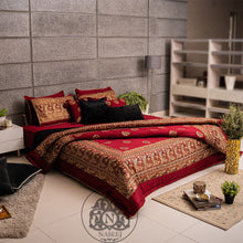 Load image into Gallery viewer, Maroon Gold Block Print Bridal Bed Sheet Set | Bridal Bedding Set | Naseej Apparels Sale | Bedsheets online in Pakistan | Naseej Bed sheets | Luxury bed sheets Pakistan | Bridal Comforter set | Bridal Duvet set | Bridal Cotton Satin Bed sheet online King Size | King size online bed sheets in Pakistan with cash on delivery.