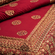 Load image into Gallery viewer, Maroon Gold Block Print Bridal Bed Sheet Set | Bridal Bedding Set | Naseej Apparels Sale | Bedsheets online in Pakistan | Naseej Bed sheets | Luxury bed sheets Pakistan | Bridal Comforter set | Bridal Duvet set | Bridal Cotton Satin Bed sheet online King Size | King size online bed sheets in Pakistan with cash on delivery.
