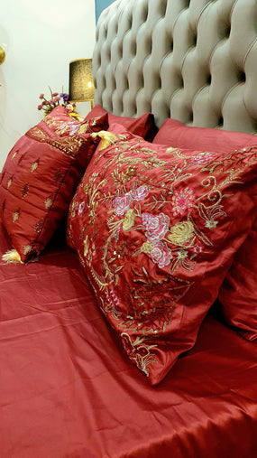 Maroon Embroidered Bridal Bedsheet set