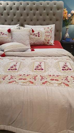 Silver & Maroon Embroidered Bridal Bedsheet set