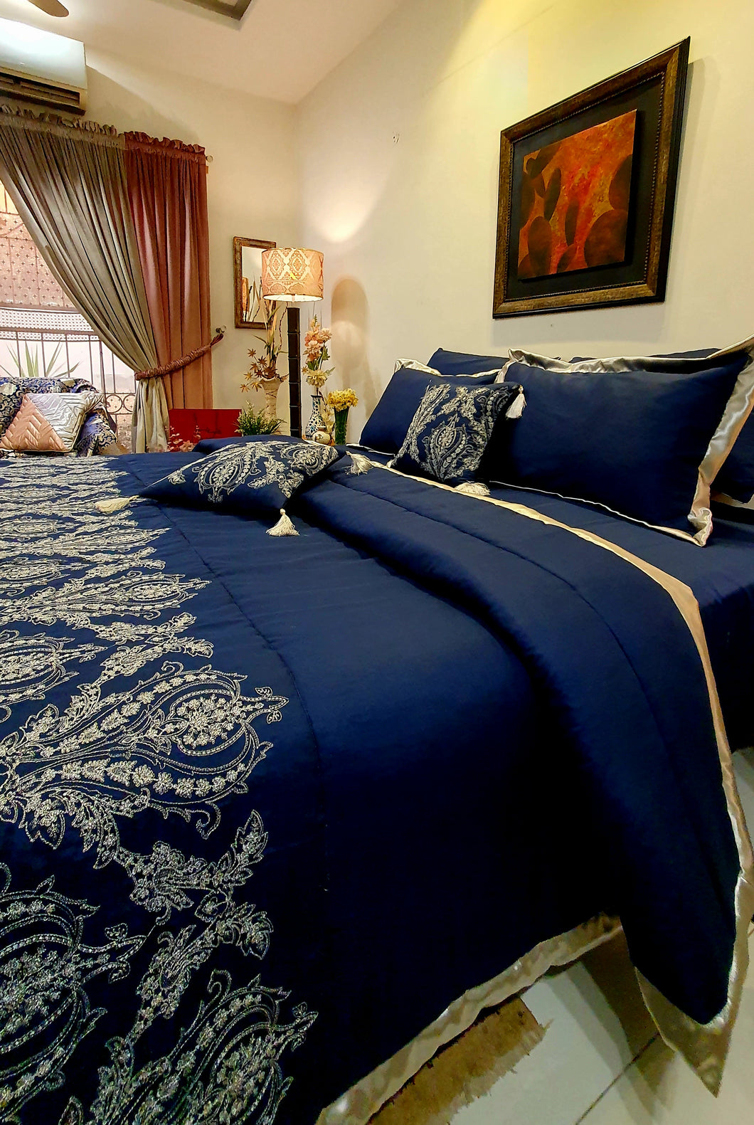 Navy Blue and Silver  Embroidered Bridal Bedsheet set