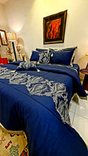 Load image into Gallery viewer, Navy Blue and Silver  Embroidered Bridal Bedsheet set
