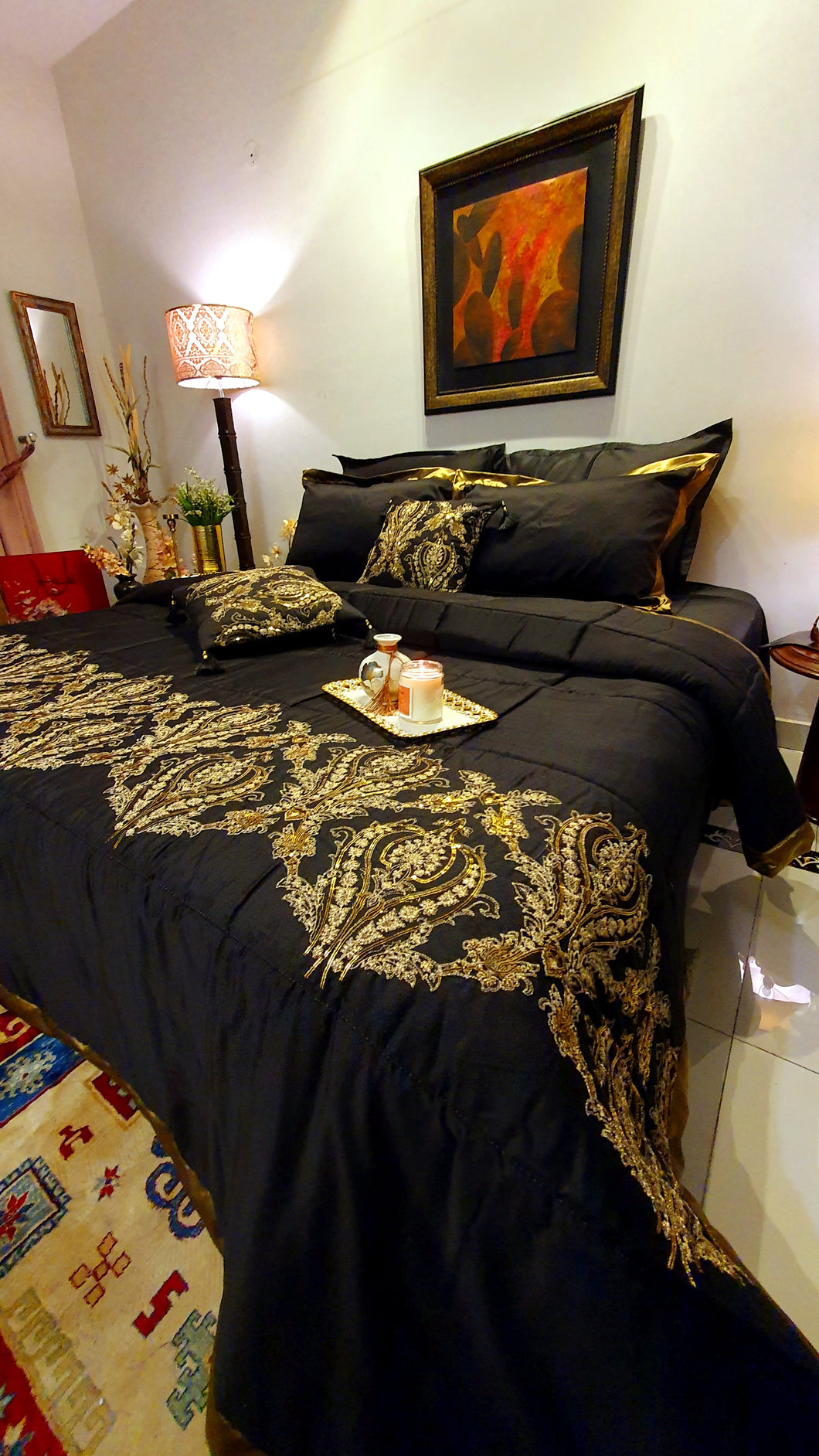 Black and Gold  Embroidered Bridal Bedsheet set