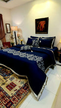 Load image into Gallery viewer, Navy Blue and Silver  Embroidered Bridal Bedsheet set
