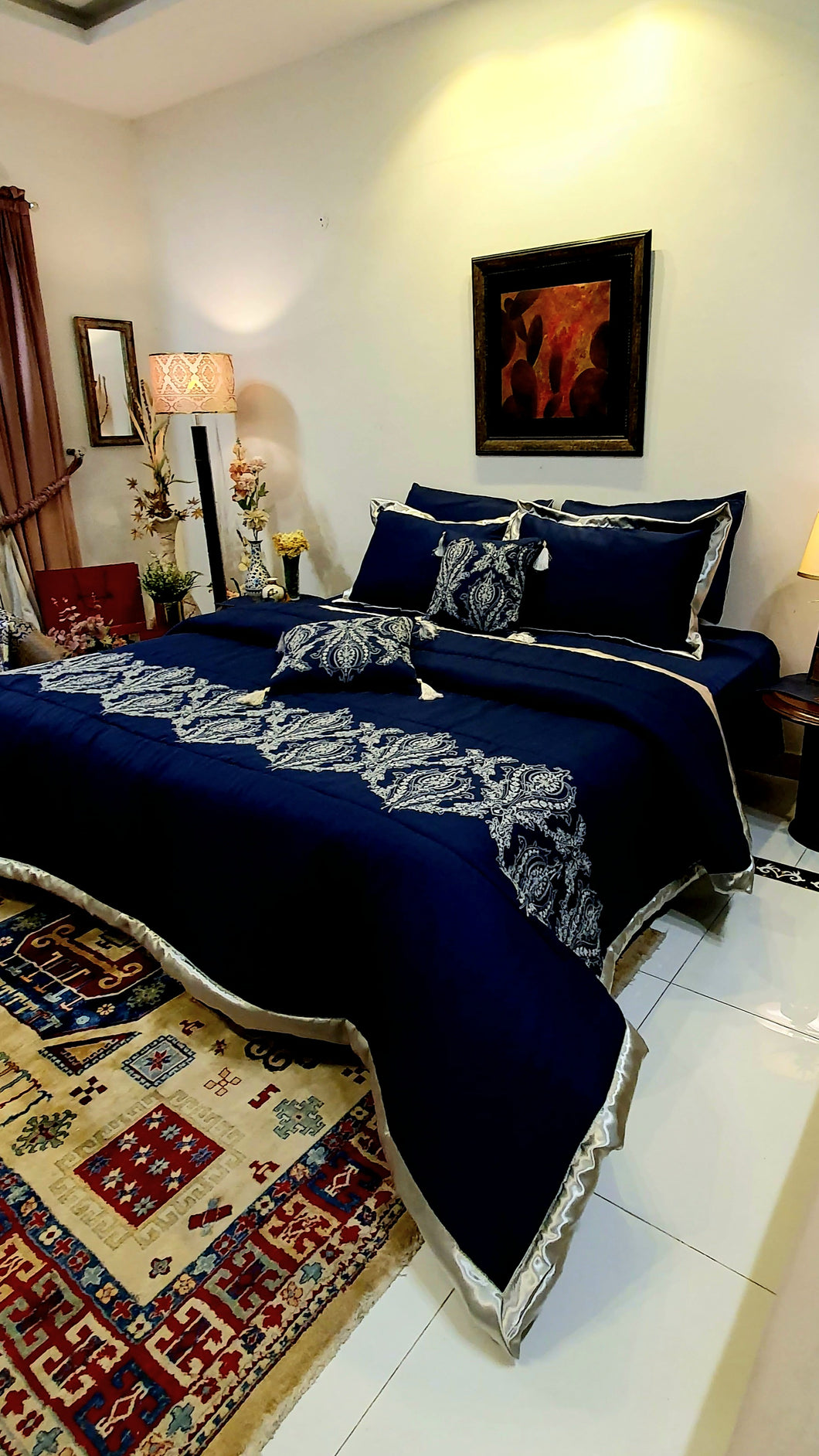 Navy Blue and Silver  Embroidered Bridal Bedsheet set