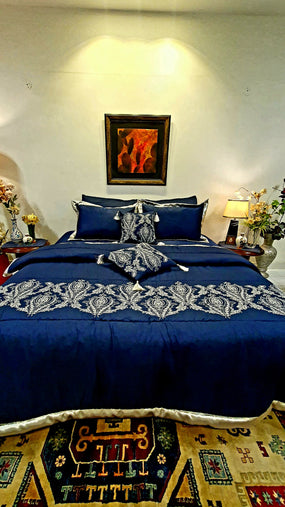 Navy Blue and Silver  Embroidered Bridal Bedsheet set