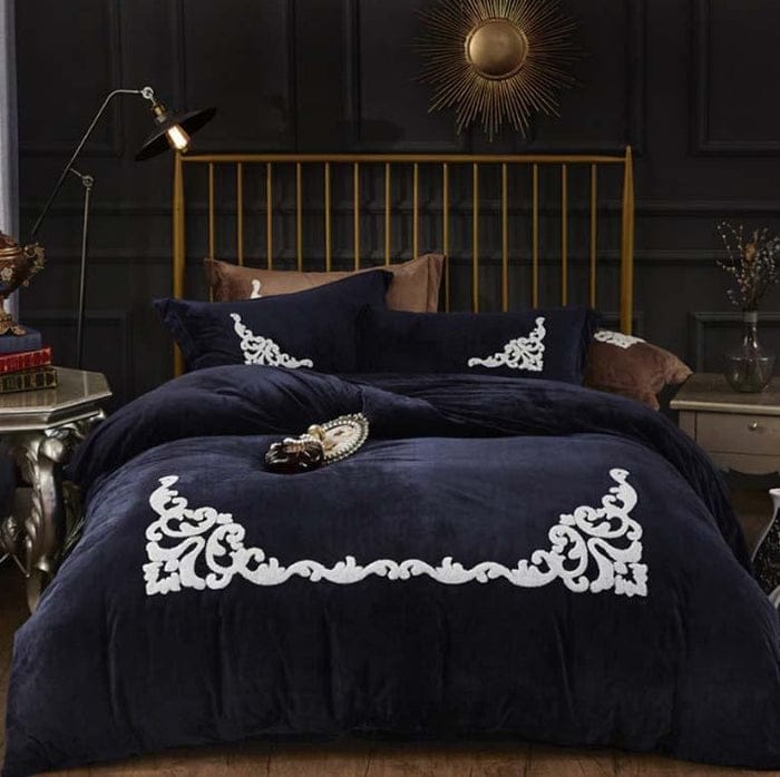 Navy Blue Embroidered Velvet Duvet Cover Set