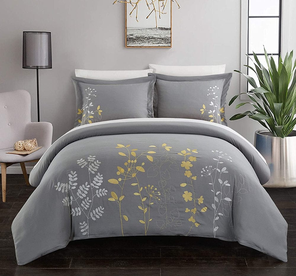 Grey Floral Embroidery Duvet Cover Set