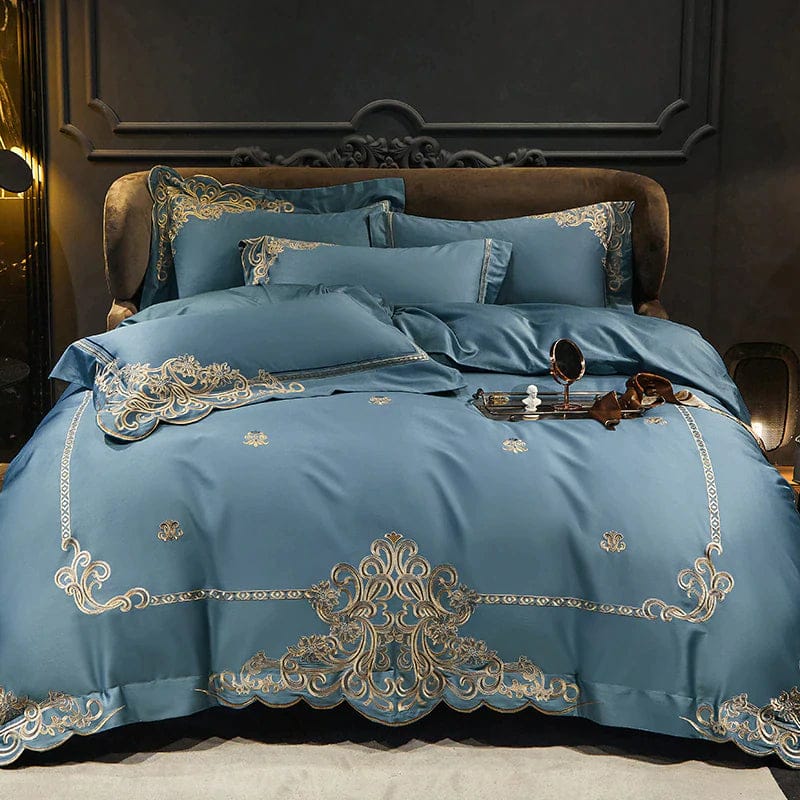 Elegant Embroidered Duvet Set-Greyish Blue