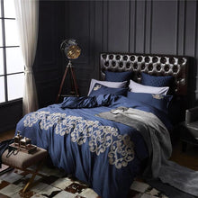 Load image into Gallery viewer, Luxury Navy Blue with Tan Embroidery Duvet Cover Set
