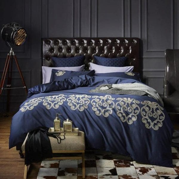 Luxury Navy Blue with Tan Embroidery Duvet Cover Set