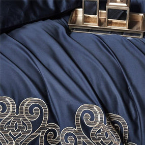 Luxury Navy Blue with Tan Embroidery Duvet Cover Set