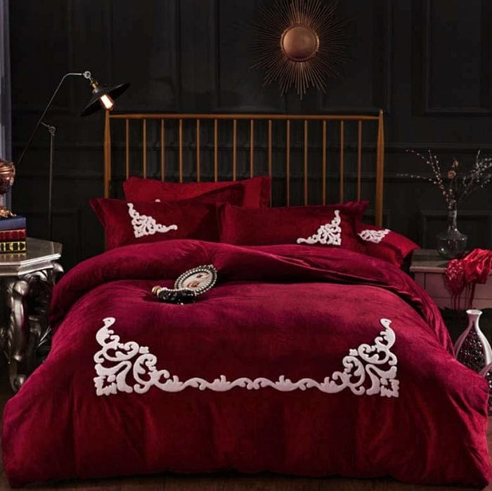 Maroon Embroidered Velvet Duvet Cover Set