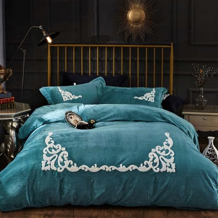 Turquoise Embroidered Velvet Duvet Cover Set