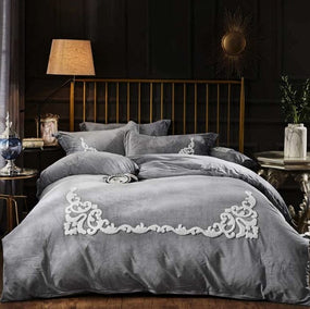 Grey Embroidered Velvet Duvet Cover Set