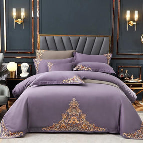 Lilac Embroidered Cotton Duvet Cover Set