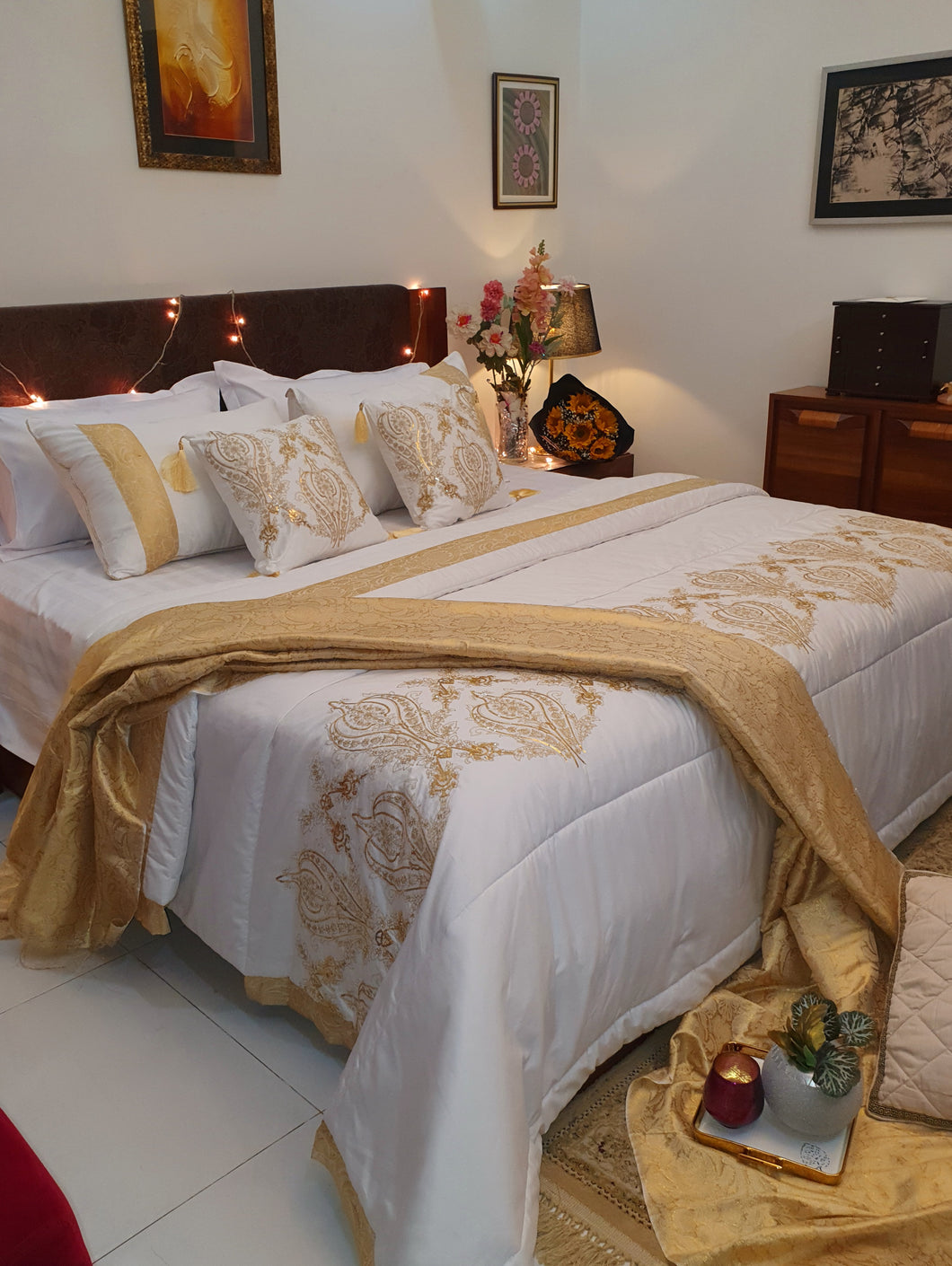 White and Gold Bridal Bedsheet set