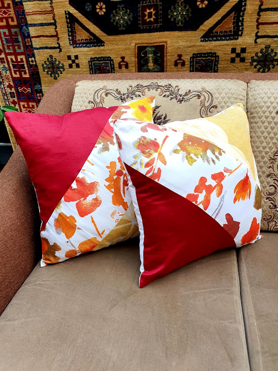 White & Maroon Printed Cushion Cover