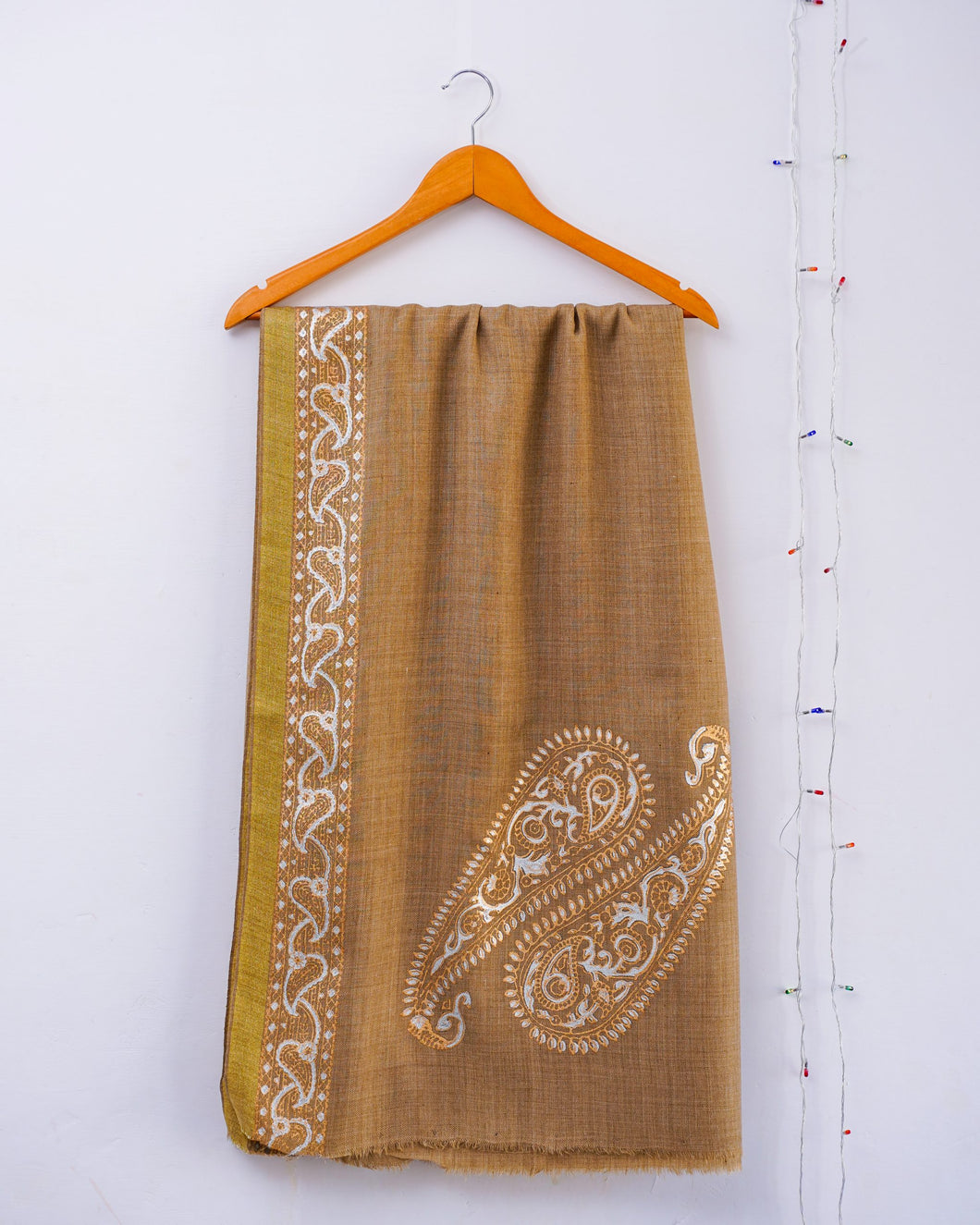 Beige Gold & Silver Block Printed Zari Shawl